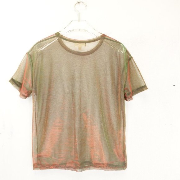 SILENCE +‎ NOISE Womens Brown Green T Shirt SMALL Sheer Sparkle Iridescent Mesh - Picture 12 of 13